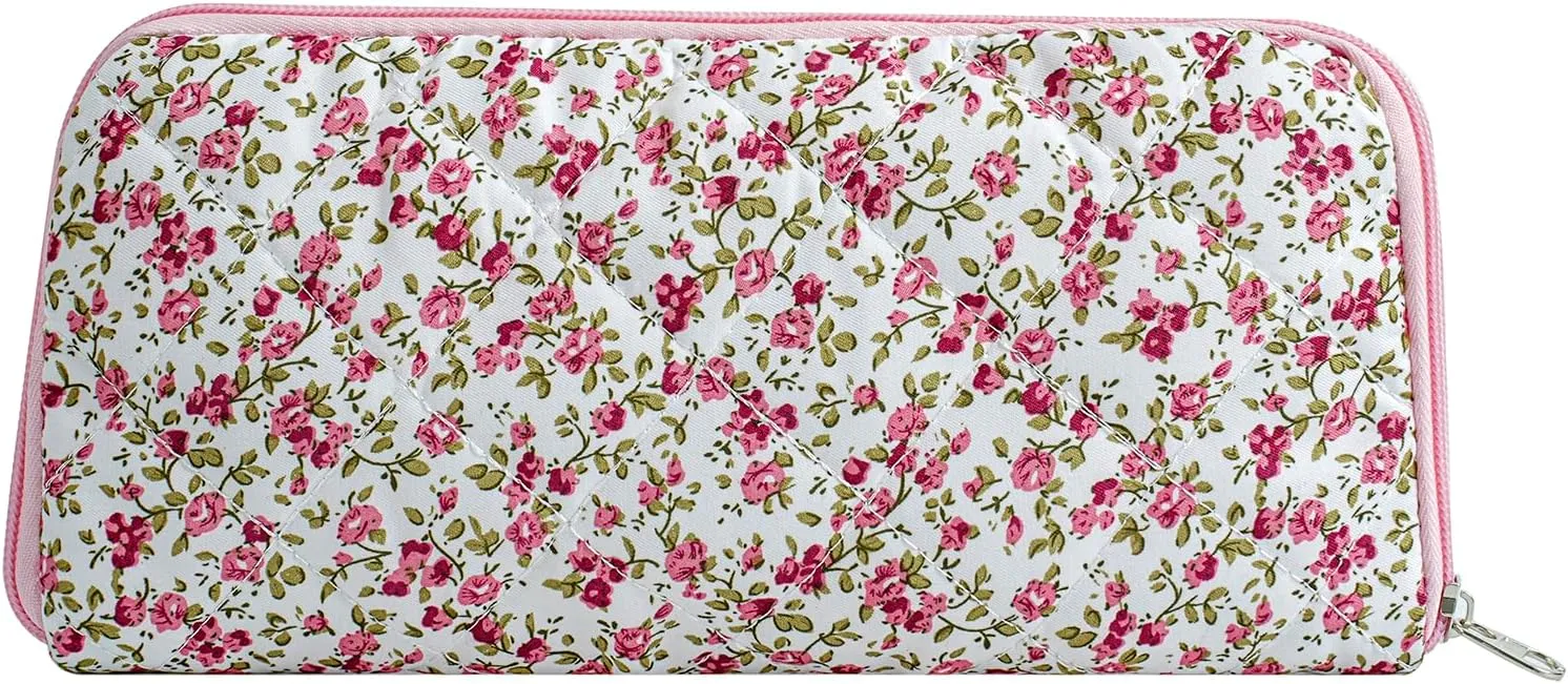 JOVAKIT Quilted Makeup Brush Holder Travel Cosmetic Bag for Women, Floral Coquette Cotton Makeup Brush Case Toiletry Zipper Make Up Pouch, Travel Storage Organizer Pouch (Red Floral)
