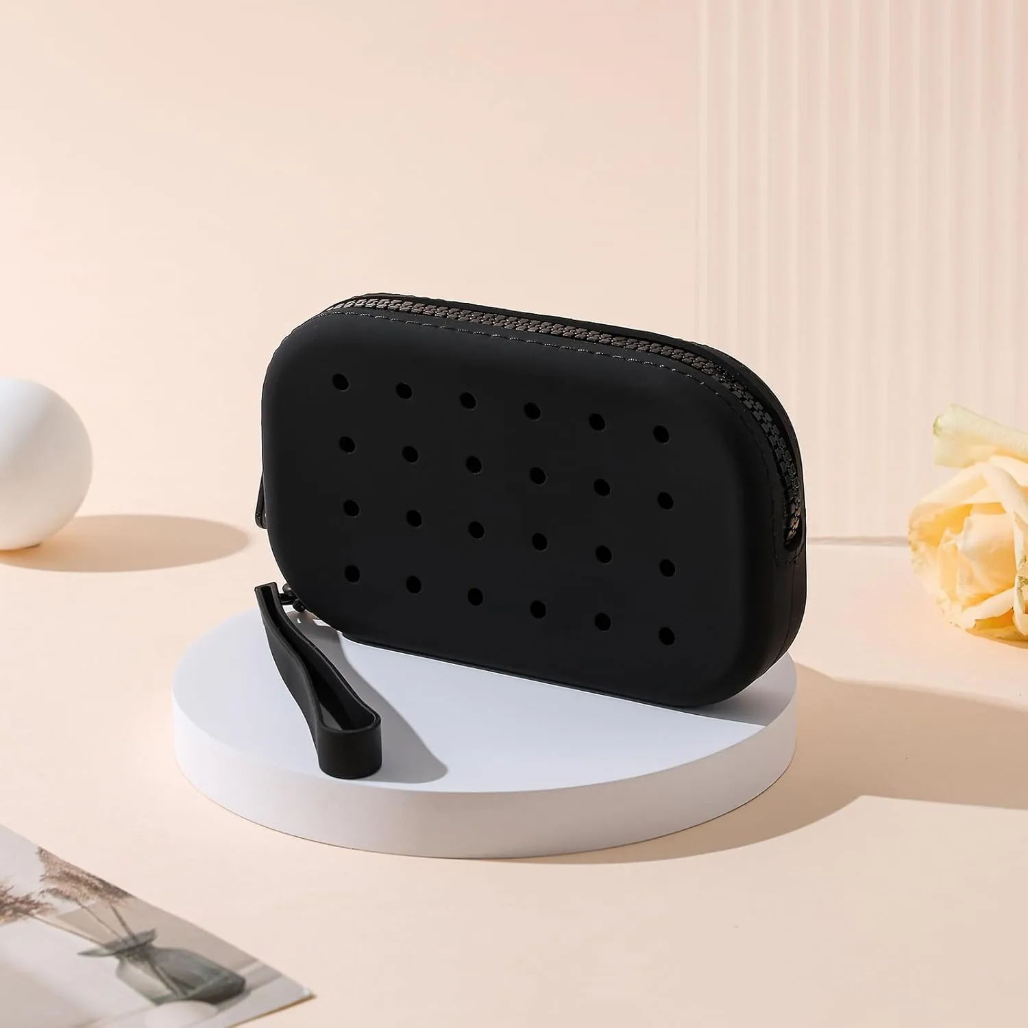 JOVAKIT Small Portable Silicone Makeup Bag for Women with Decorative Holes, Travel Waterproof Toiletry Cosmetic Bag Gifts for Women, Zipper Closure Makeup Case with Handle (Black)