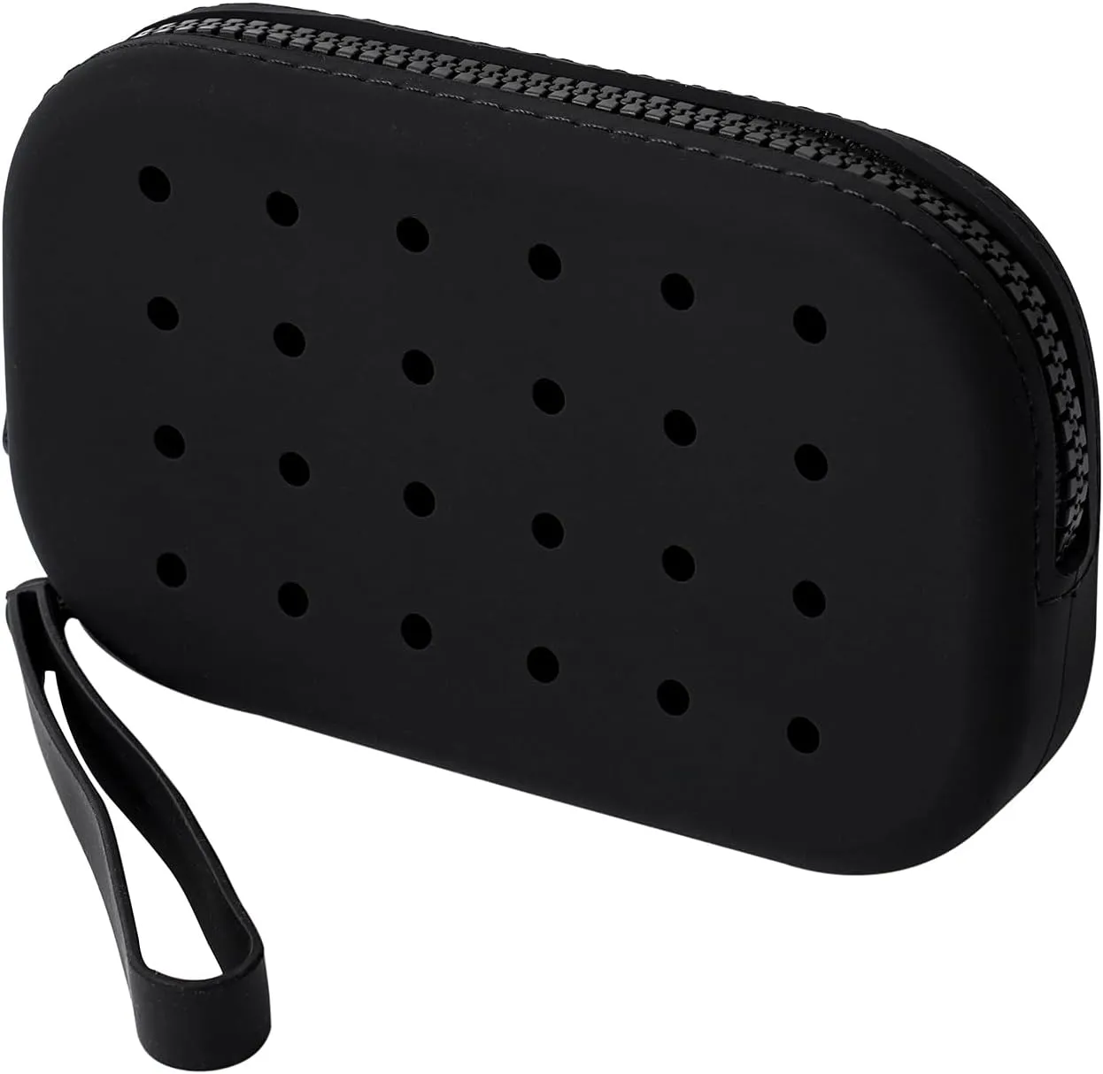 JOVAKIT Small Portable Silicone Makeup Bag for Women with Decorative Holes, Travel Waterproof Toiletry Cosmetic Bag Gifts for Women, Zipper Closure Makeup Case with Handle (Black)
