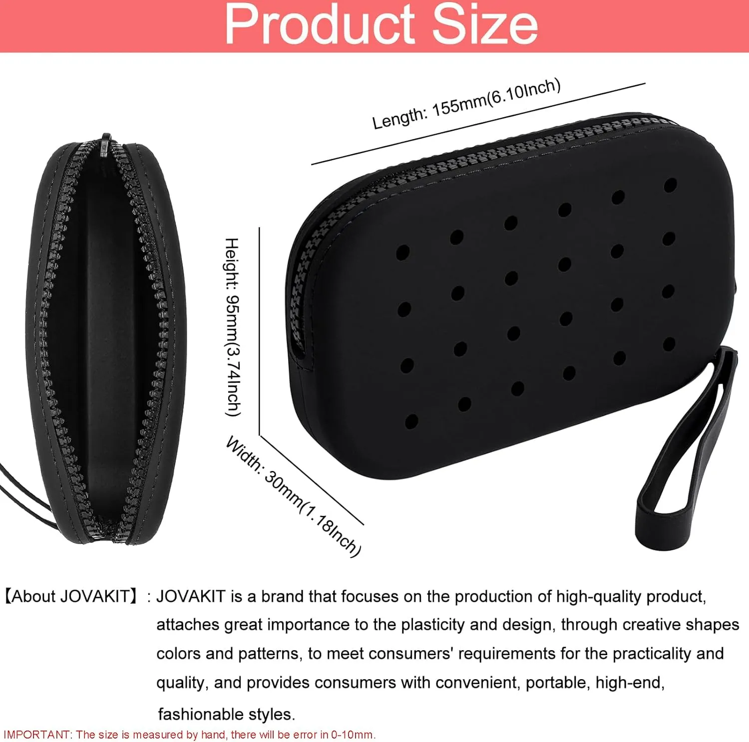 JOVAKIT Small Portable Silicone Makeup Bag for Women with Decorative Holes, Travel Waterproof Toiletry Cosmetic Bag Gifts for Women, Zipper Closure Makeup Case with Handle (Black)