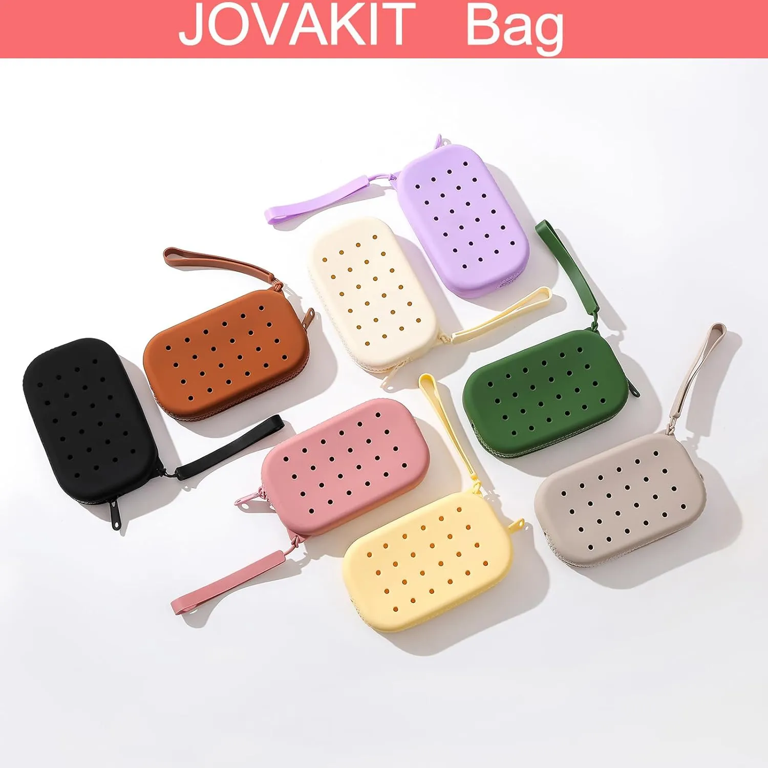 JOVAKIT Small Portable Silicone Makeup Bag for Women with Decorative Holes, Travel Waterproof Toiletry Cosmetic Bag Gifts for Women, Zipper Closure Makeup Case with Handle (Red)