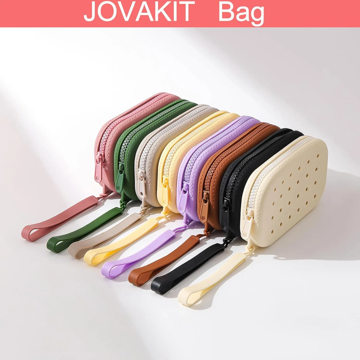 JOVAKIT Small Portable Silicone Makeup Bag for Women with Decorative Holes, Travel Waterproof Toiletry Cosmetic Bag Gifts for Women, Zipper Closure Makeup Case with Handle (Red)