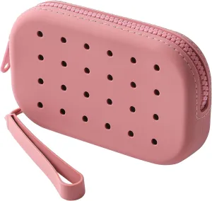JOVAKIT Small Portable Silicone Makeup Bag for Women with Decorative Holes, Travel Waterproof Toiletry Cosmetic Bag Gifts for Women, Zipper Closure Makeup Case with Handle (Red)