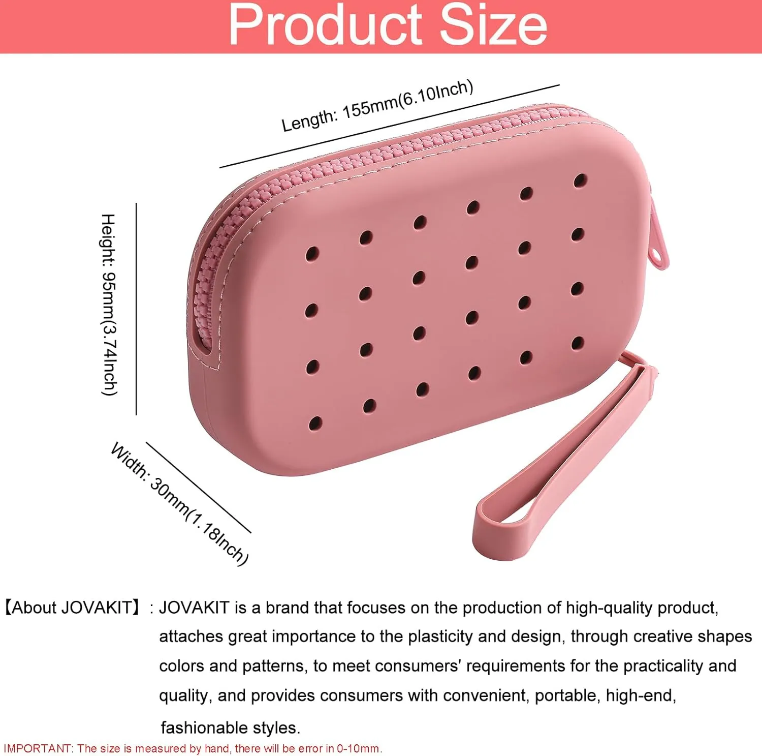 JOVAKIT Small Portable Silicone Makeup Bag for Women with Decorative Holes, Travel Waterproof Toiletry Cosmetic Bag Gifts for Women, Zipper Closure Makeup Case with Handle (Red)