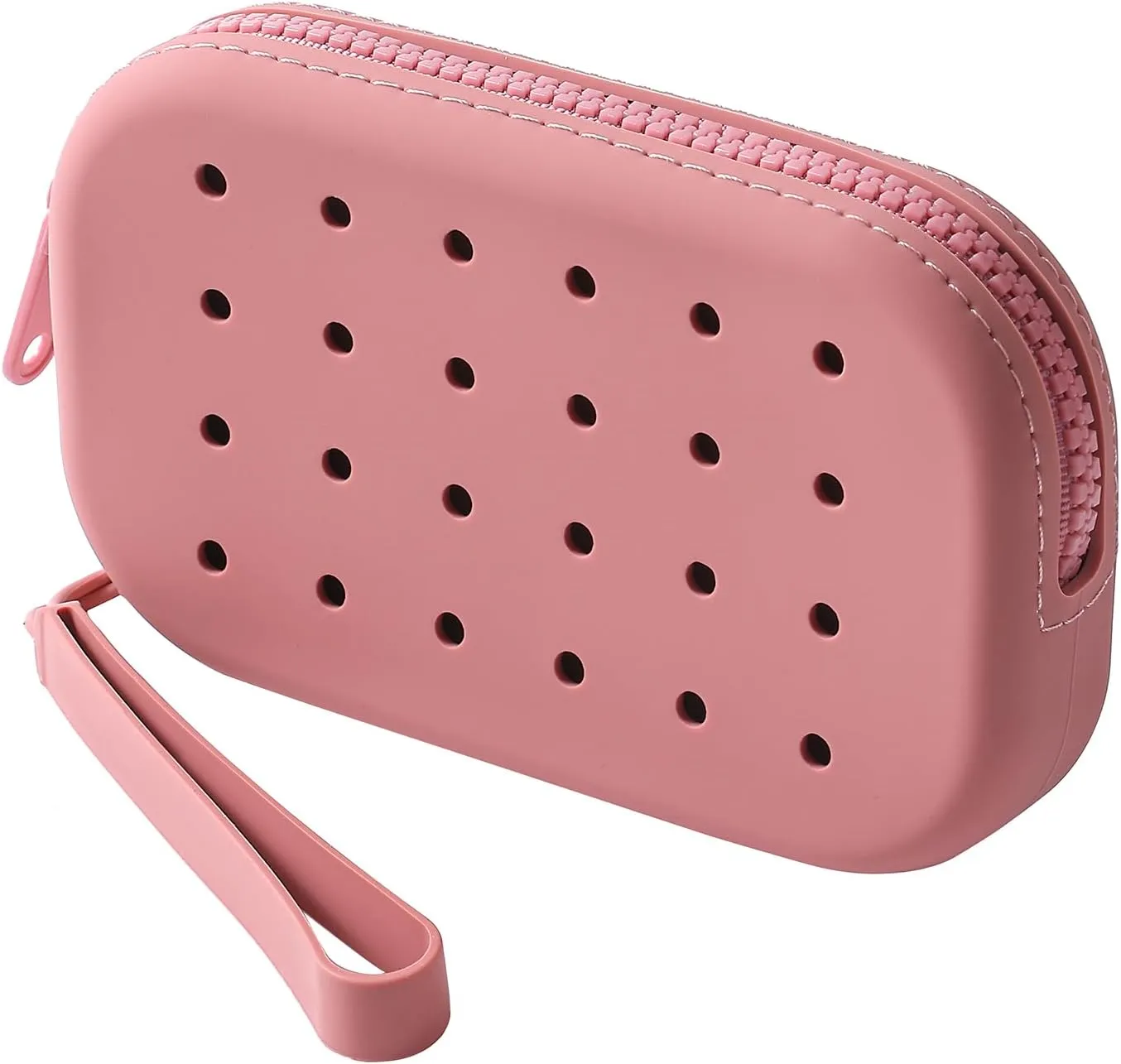 JOVAKIT Small Portable Silicone Makeup Bag for Women with Decorative Holes, Travel Waterproof Toiletry Cosmetic Bag Gifts for Women, Zipper Closure Makeup Case with Handle (Red)