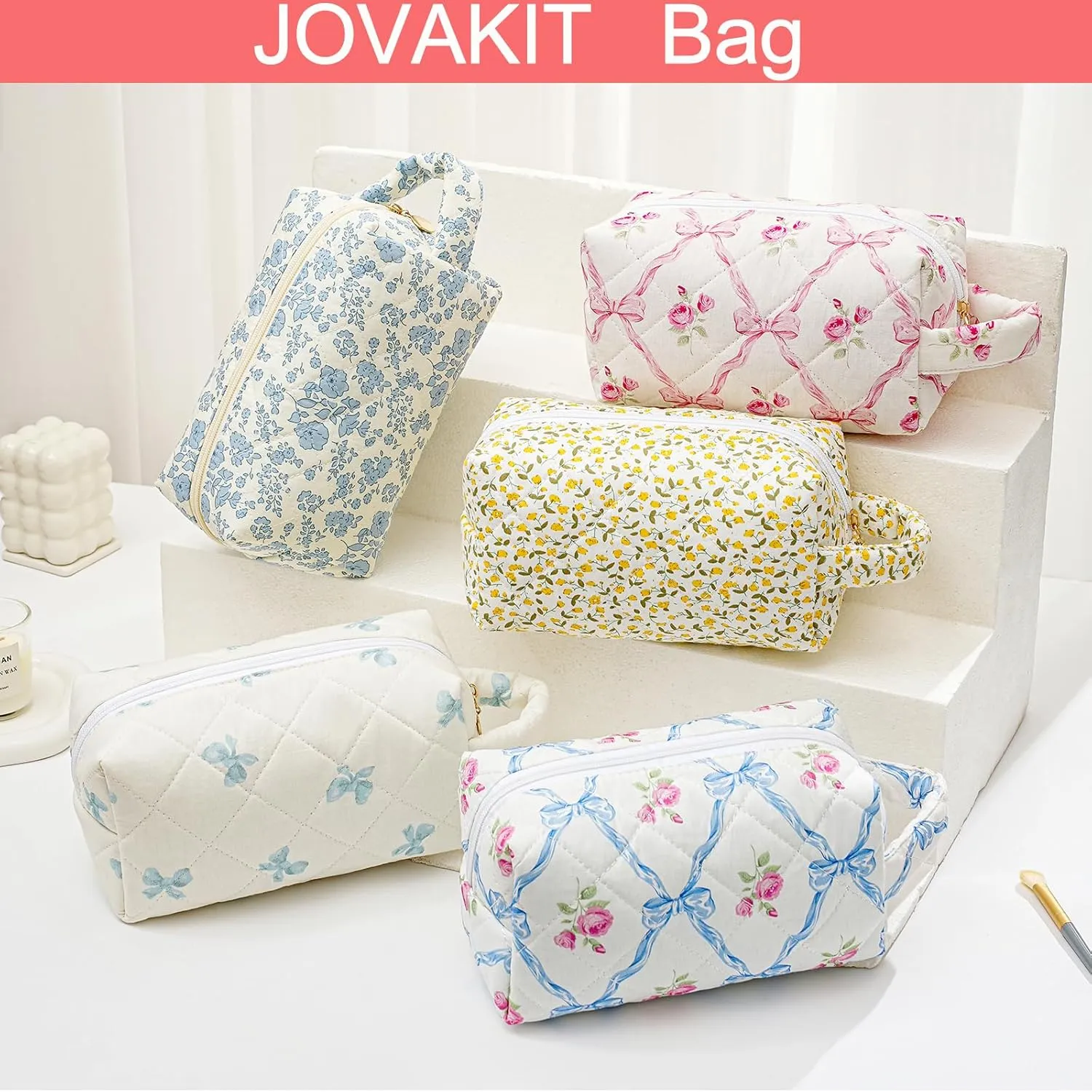 JOVAKIT Travel Makeup Bag Cosmetic Bag for Women, Christmas Gifts, Small Floral Flowers Coquette Toiletry Bag with Handle, Zipper Make Up Pouch Organizer Bag Trendy Stuff (Beige Floral)