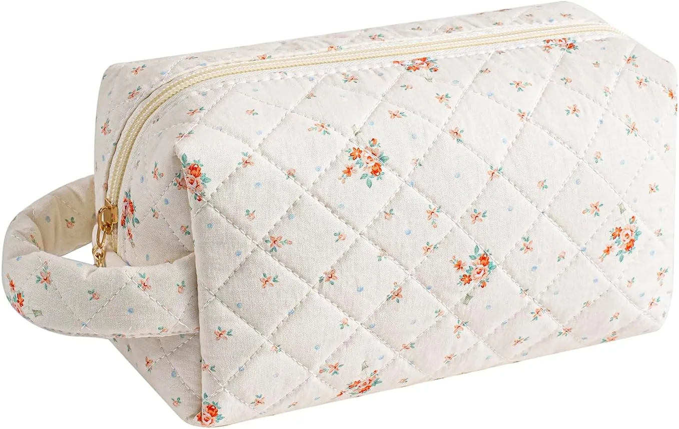 JOVAKIT Travel Makeup Bag Cosmetic Bag for Women, Christmas Gifts, Small Floral Flowers Coquette Toiletry Bag with Handle, Zipper Make Up Pouch Organizer Bag Trendy Stuff (Beige Floral)