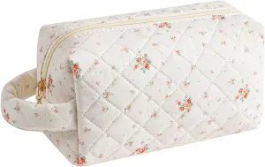 JOVAKIT Travel Makeup Bag Cosmetic Bag for Women, Christmas Gifts, Small Floral Flowers Coquette Toiletry Bag with Handle, Zipper Make Up Pouch Organizer Bag Trendy Stuff (Beige Floral)