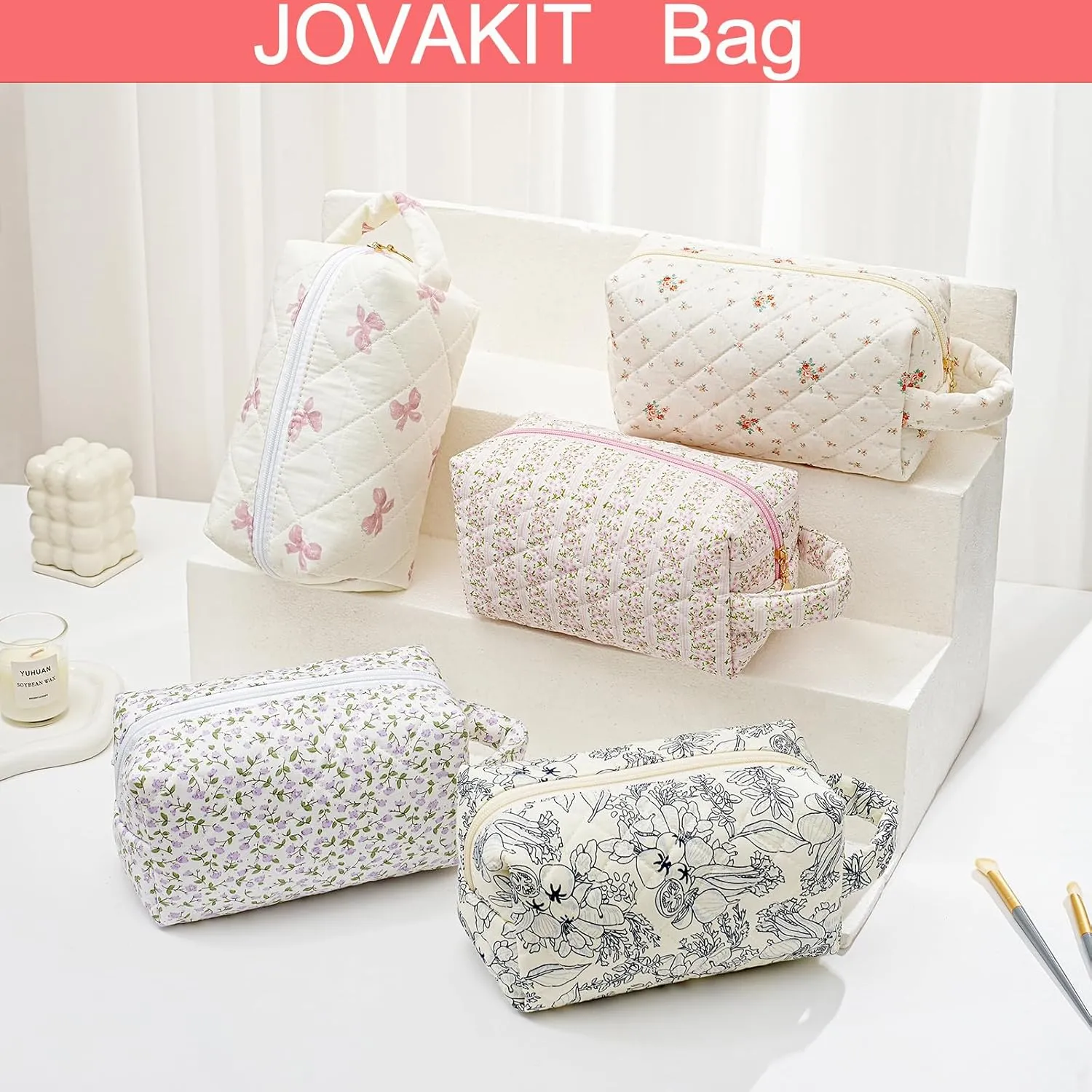 JOVAKIT Travel Makeup Bag Cosmetic Bag for Women, Christmas Gifts, Small Floral Flowers Coquette Toiletry Bag with Handle, Zipper Make Up Pouch Organizer Bag Trendy Stuff (Beige Floral)