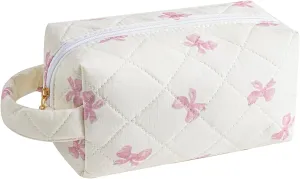 JOVAKIT Travel Makeup Bag Cosmetic Bag for Women, Fashion Christmas Gifts, Floral Flowers Coquette Toiletry Bag with Handle, Zipper Make Up Pouch Organizer Bag Trendy Stuff (Pink Bow Tie)