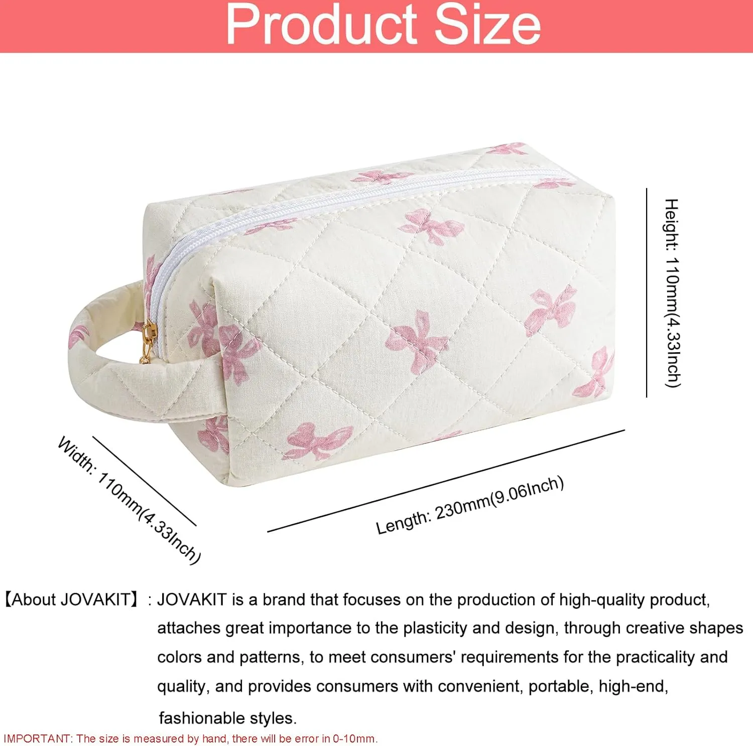 JOVAKIT Travel Makeup Bag Cosmetic Bag for Women, Fashion Christmas Gifts, Floral Flowers Coquette Toiletry Bag with Handle, Zipper Make Up Pouch Organizer Bag Trendy Stuff (Pink Bow Tie)