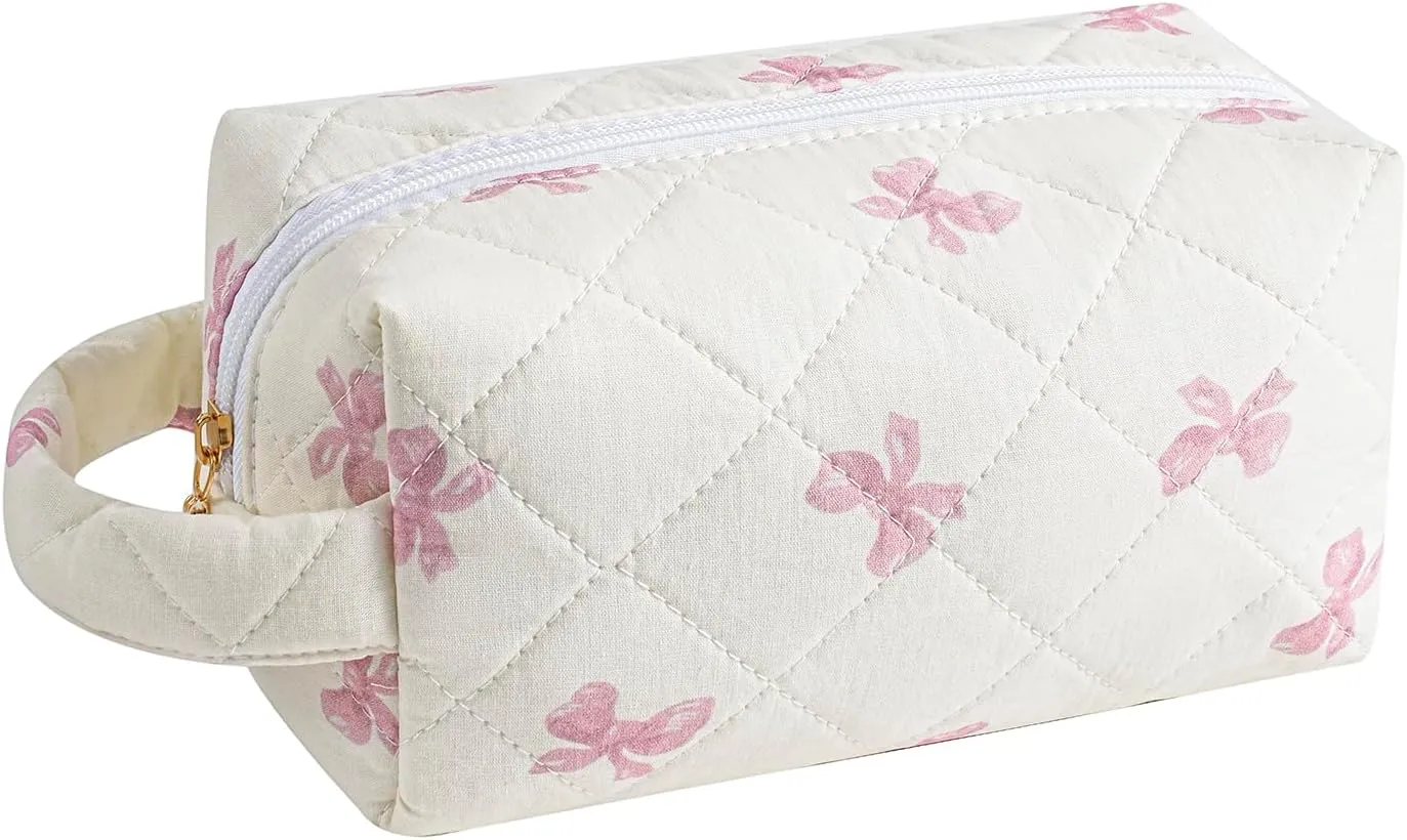 JOVAKIT Travel Makeup Bag Cosmetic Bag for Women, Fashion Christmas Gifts, Floral Flowers Coquette Toiletry Bag with Handle, Zipper Make Up Pouch Organizer Bag Trendy Stuff (Pink Bow Tie)