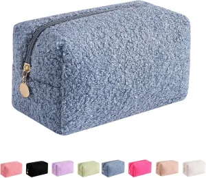 JOVAKIT Travel Makeup Bag Cosmetic Bag for Women, Fashion Christmas Gifts, Plush Zipper Make Up Pouch, Large Capacity Toiletry Organizer Makeup, Portable Storage Bag Trendy Stuff (Blue)