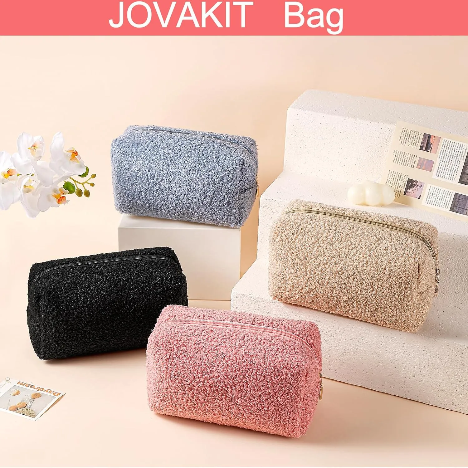 JOVAKIT Travel Makeup Bag Cosmetic Bag for Women, Fashion Christmas Gifts, Plush Zipper Make Up Pouch, Large Capacity Toiletry Organizer Makeup, Portable Storage Bag Trendy Stuff (Khaki)