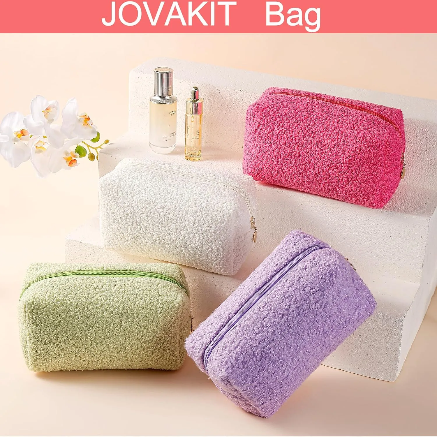 JOVAKIT Travel Makeup Bag Cosmetic Bag for Women, Fashion Christmas Gifts, Plush Zipper Make Up Pouch, Large Capacity Toiletry Organizer Makeup, Portable Storage Bag Trendy Stuff (Khaki)