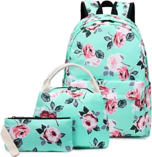 Joyfulife Teen Backpacks for Girls School Bags Student Bookbags Girls Backpacks Set with Lunch Box Pencil Case Pencil Case Water-resistant Floral Laptop Backpack Travel Bag Rucksack (Teal)