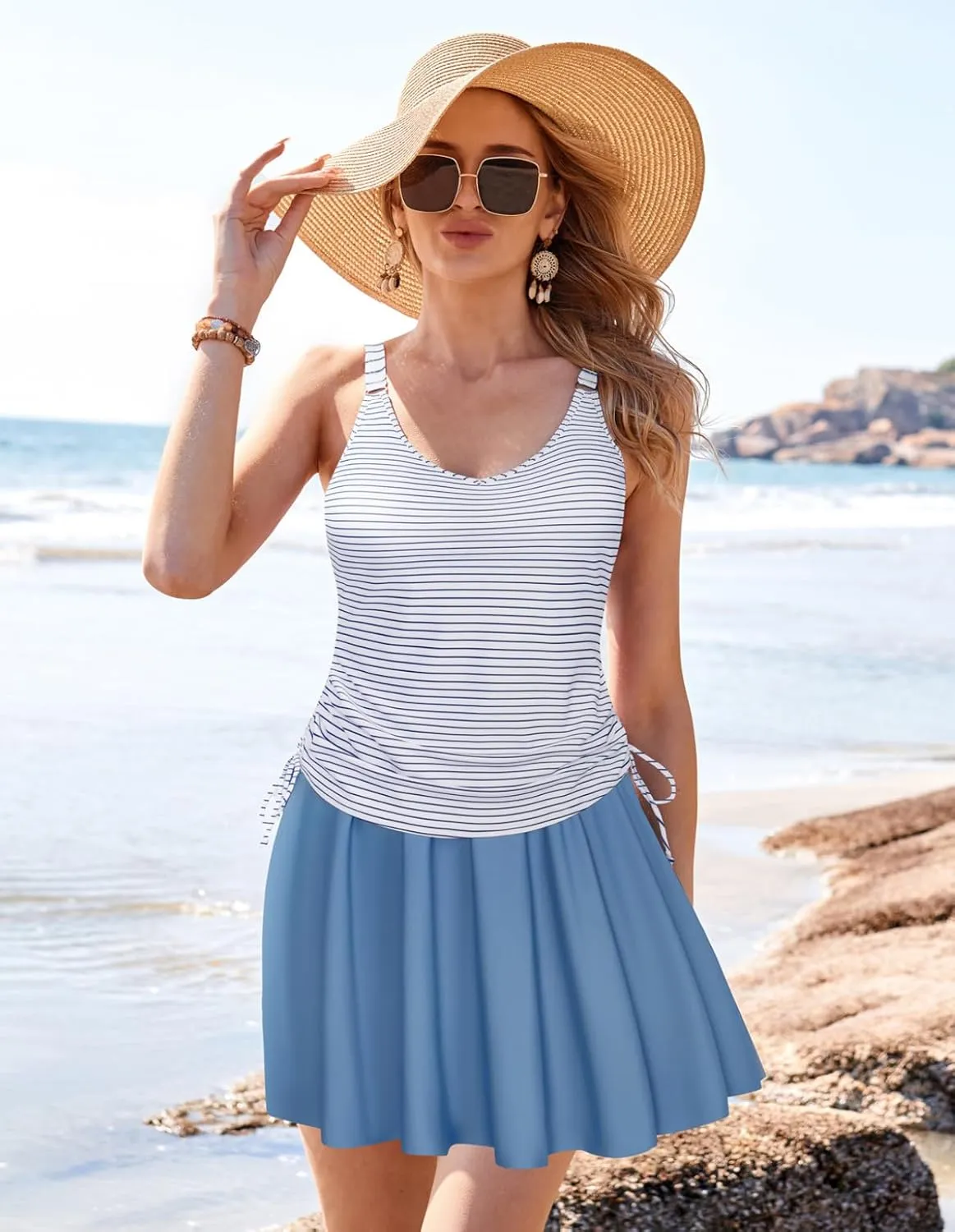 Kate Kasin Women's Tankini Swimsuits Tummy Control Two Piece V Neck Ruched Bathing Suits with Skirts Beach Swim Dress