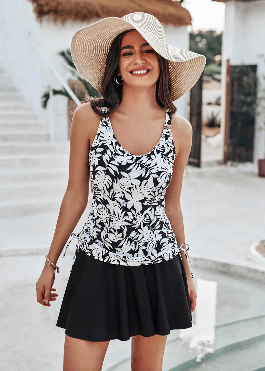 Kate Kasin Women's Tankini Swimsuits Tummy Control Two Piece V Neck Ruched Bathing Suits with Skirts Beach Swim Dress