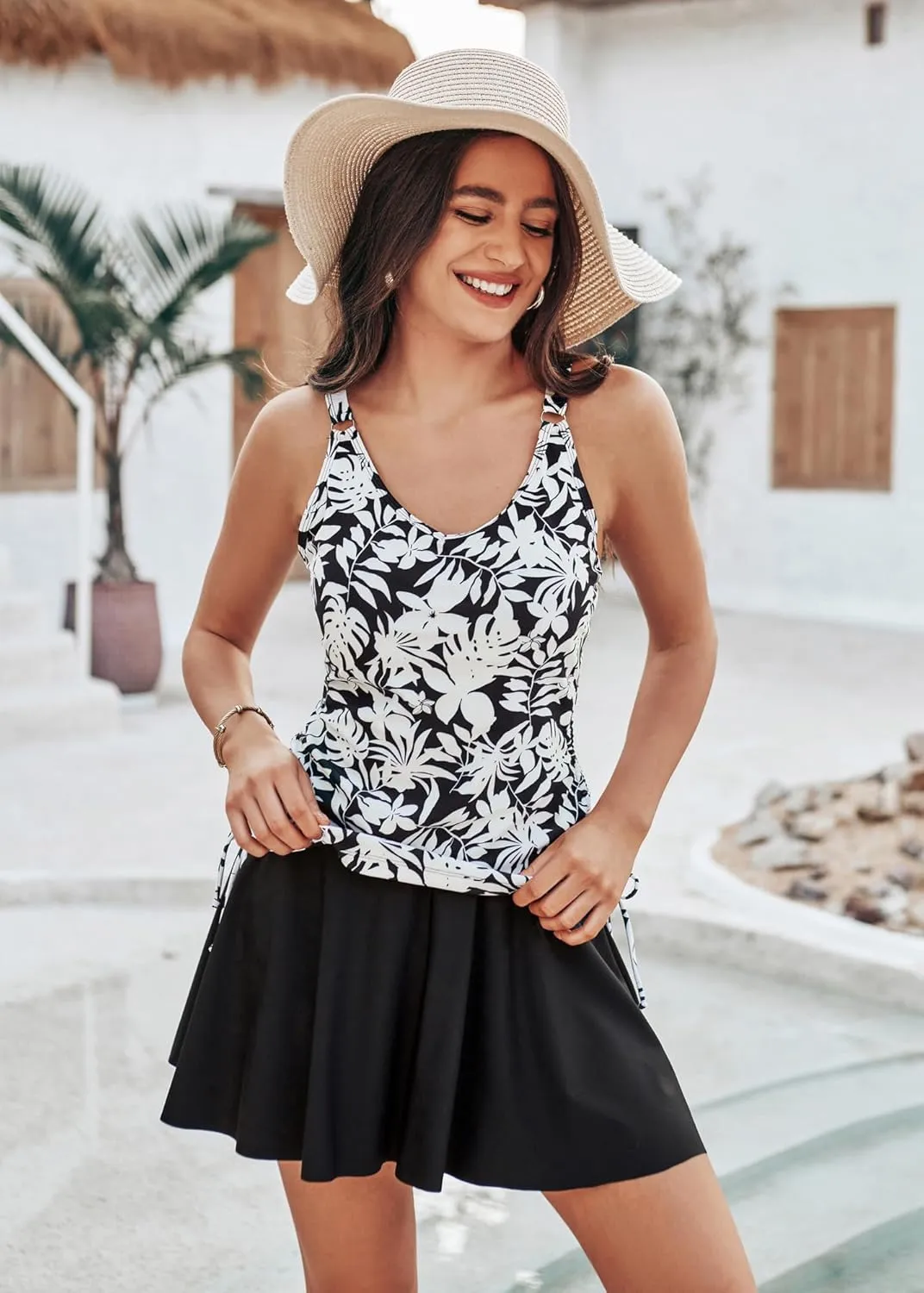 Kate Kasin Women's Tankini Swimsuits Tummy Control Two Piece V Neck Ruched Bathing Suits with Skirts Beach Swim Dress