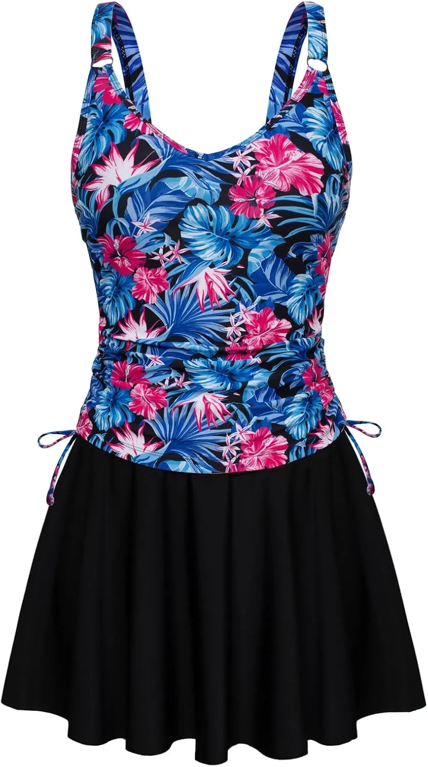 Kate Kasin Women's Tankini Swimsuits Tummy Control Two Piece V Neck Ruched Bathing Suits with Skirts Beach Swim Dress