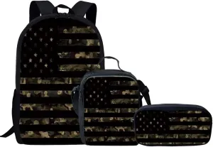KEIAHUAN American Flag Camo Design School Backpack for Boys Lightweight School Bookbags Satchel Backpack Shoulder Schoolbags with Lunch Box Pencil Case