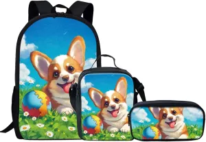 KEIAHUAN Corgi Pattern School Bookbags Children School Backpack Shoulder Backpack with Lunch Box and Pencil Case Primary School Book Bags for Girls