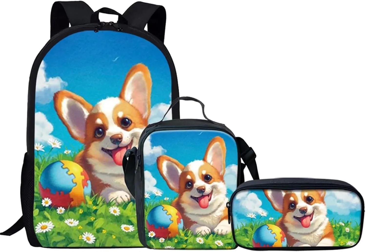 KEIAHUAN Corgi Pattern School Bookbags Children School Backpack Shoulder Backpack with Lunch Box and Pencil Case Primary School Book Bags for Girls