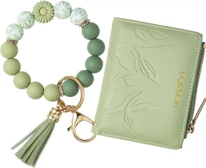 Keychain Bracelet Wristlet with Wallet Card Holder Pocket, Flower Tassel Purse Silicone Key Ring for Women