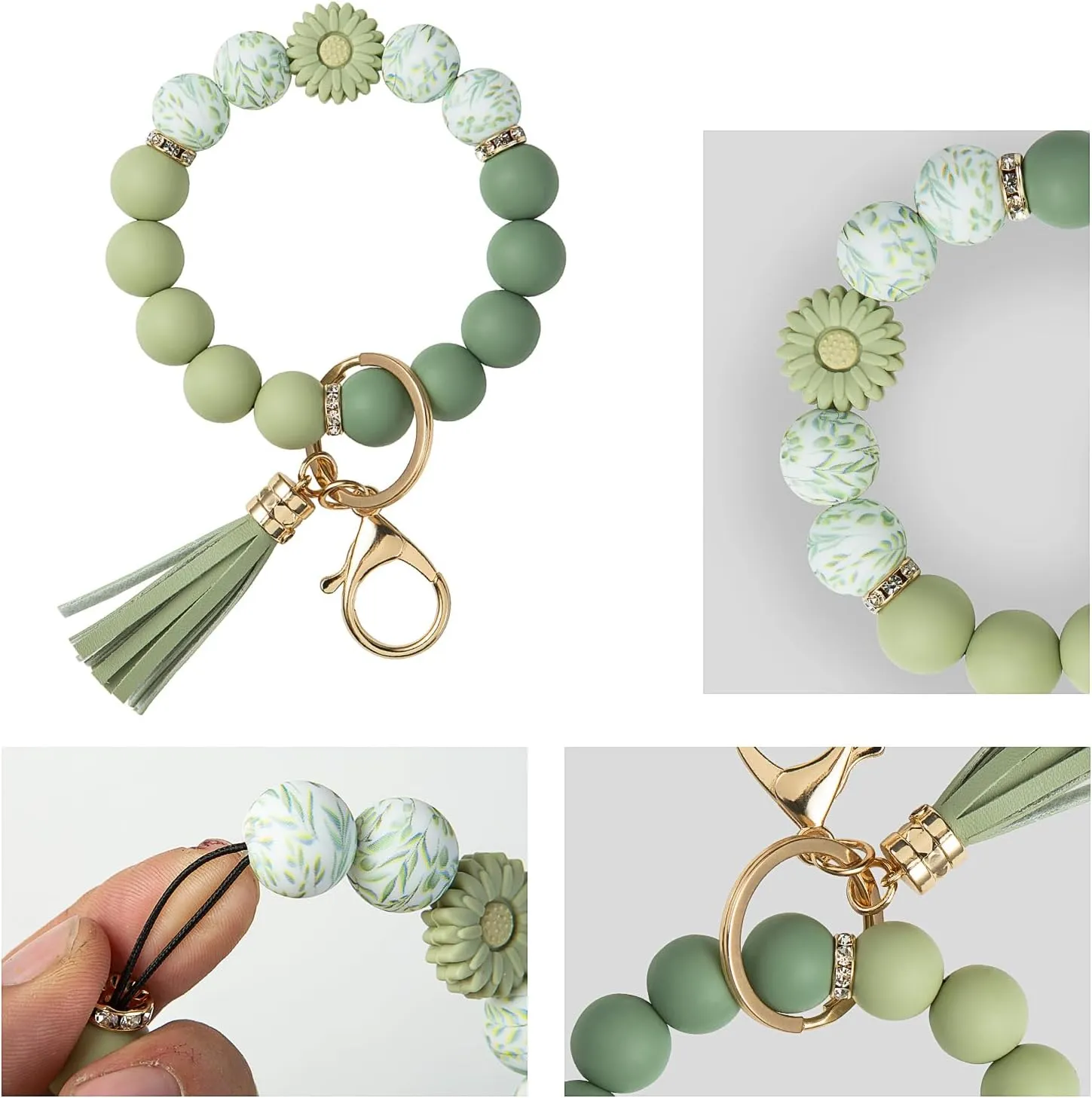 Keychain Bracelet Wristlet with Wallet Card Holder Pocket, Flower Tassel Purse Silicone Key Ring for Women