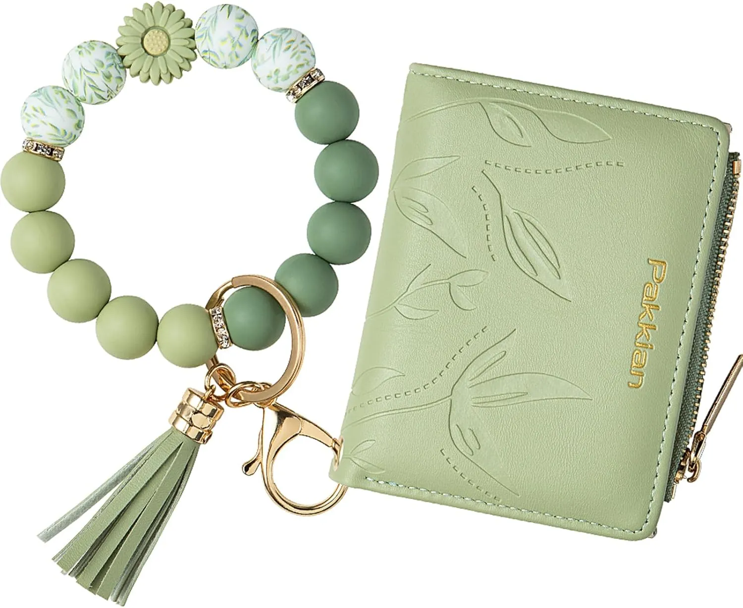 Keychain Bracelet Wristlet with Wallet Card Holder Pocket, Flower Tassel Purse Silicone Key Ring for Women