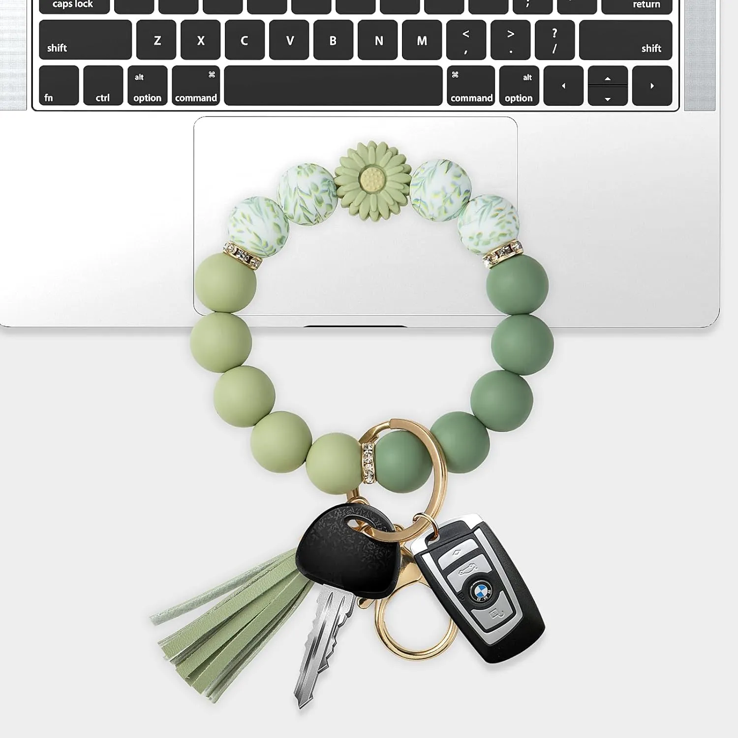 Keychain Bracelet Wristlet with Wallet Card Holder Pocket, Flower Tassel Purse Silicone Key Ring for Women