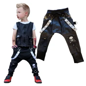 Kids Black Harem Pants Bottoms Denim Vegan Leather Skulls Punk Suspenders Boys Girls Unisex (4t)