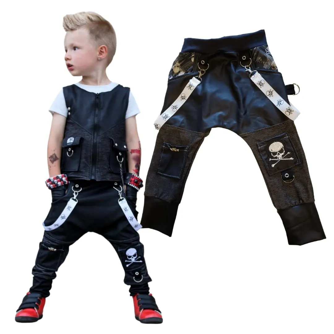 Kids Black Harem Pants Bottoms Denim Vegan Leather Skulls Punk Suspenders Boys Girls Unisex (4t)