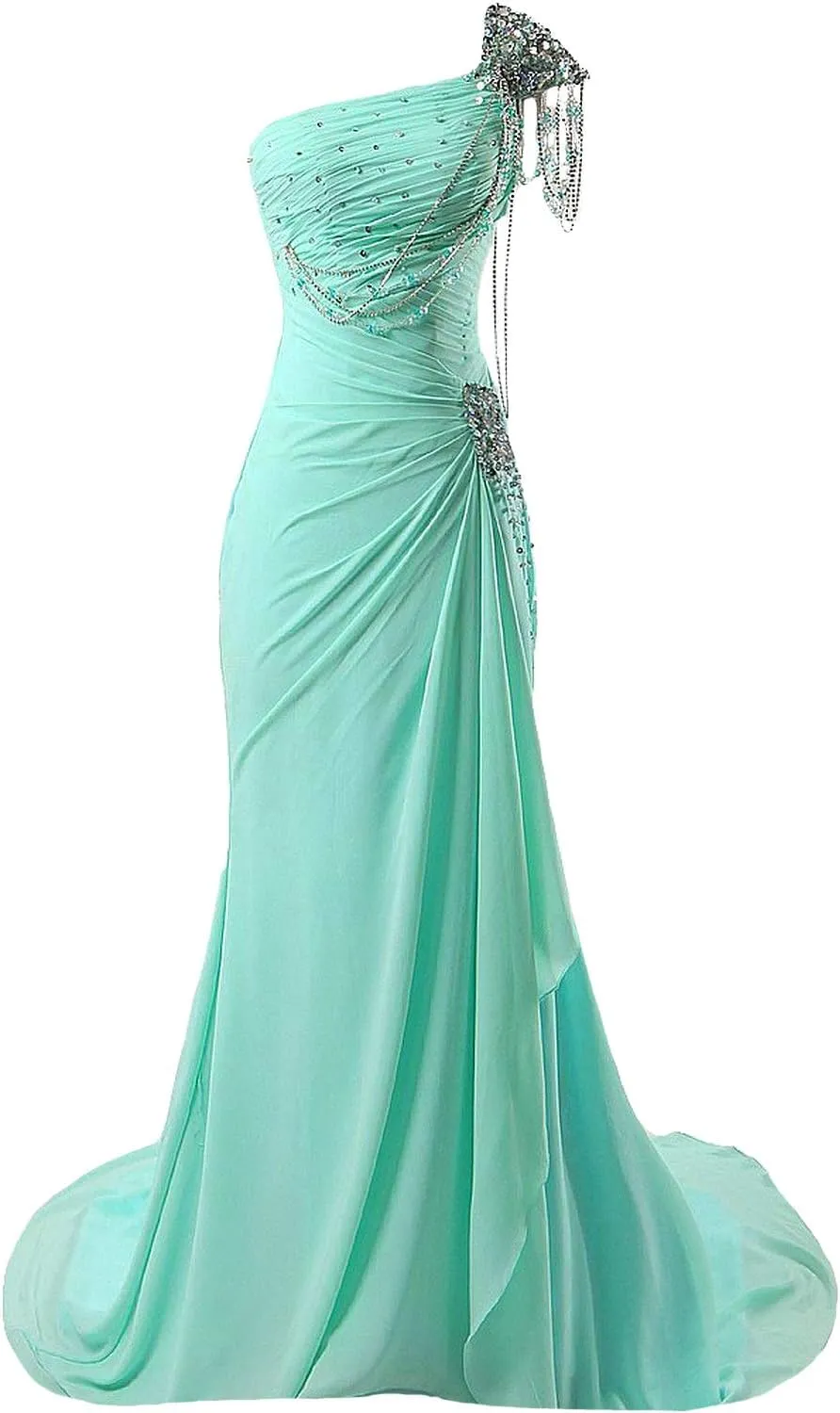 Kivary Women's Beaded One Shoulder Crystals Chiffon Long Corset Prom Evening Dresses