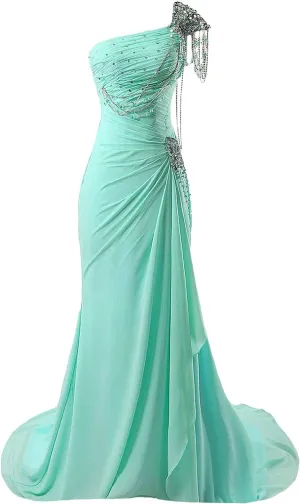 Kivary Women's Beaded One Shoulder Crystals Chiffon Long Corset Prom Evening Dresses