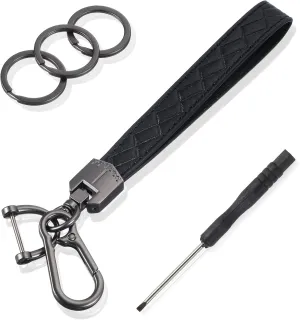 Leather Car Keychain, Leather Key Fob, Black Wristlet Keychain, Car Key Chain with 3 Key Ring and Anti-Lost D Ring