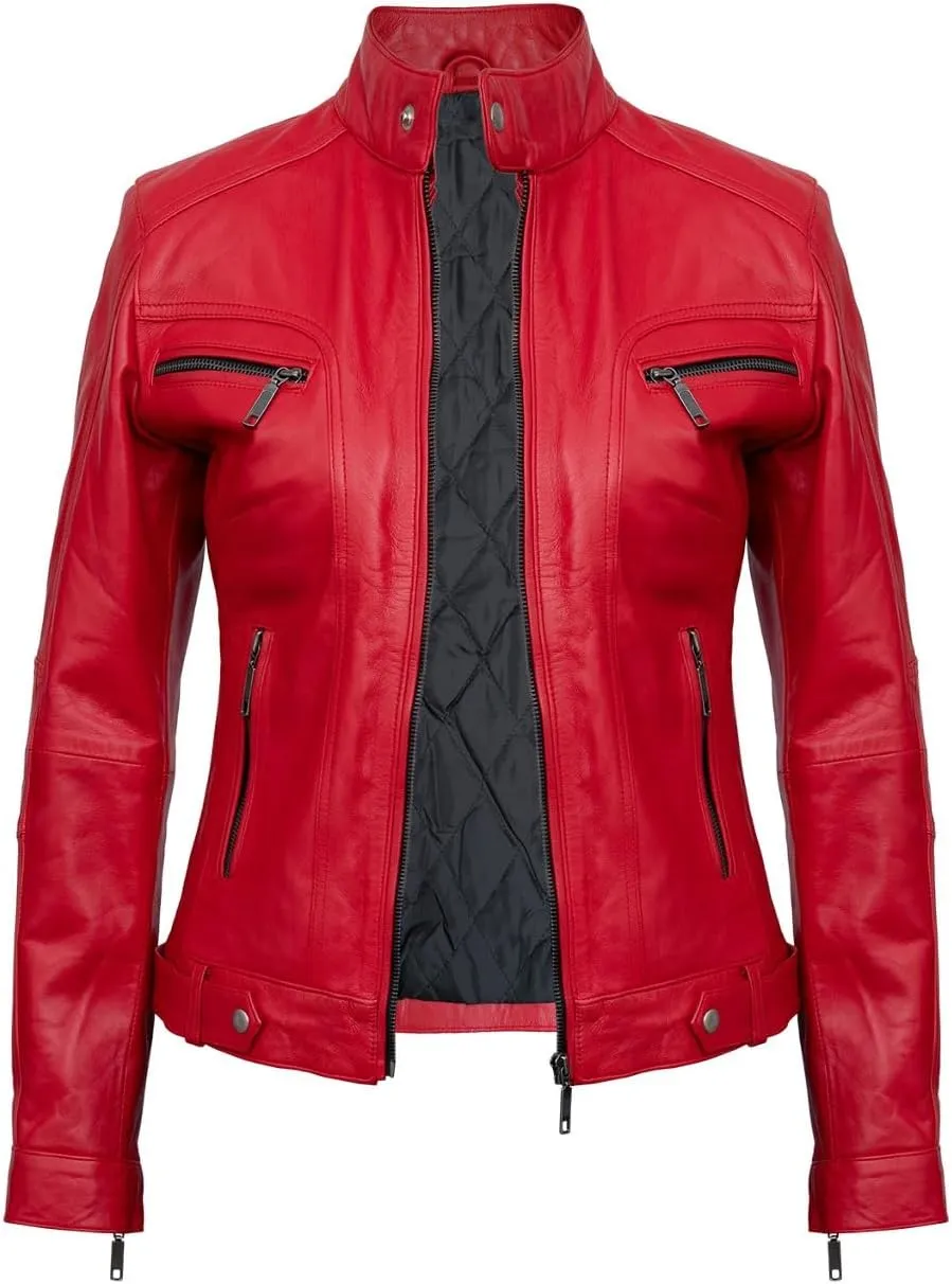 Leather Jackets For Women - Caf Racer Style Casual And Trending Fashion Real Lambskin Red Women's Leather Jacket