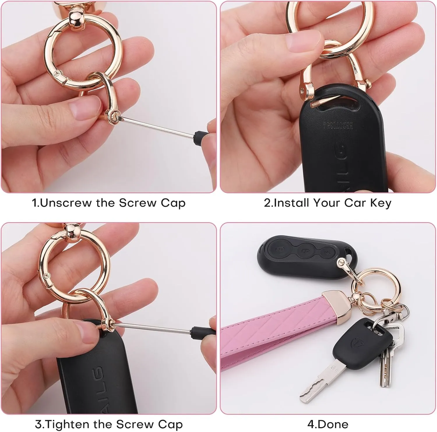 Leather Wristlet Keychain for Women, Keychain Wristlet Car Key Chain with 2 Key Ring and Anti-Lost D Ring