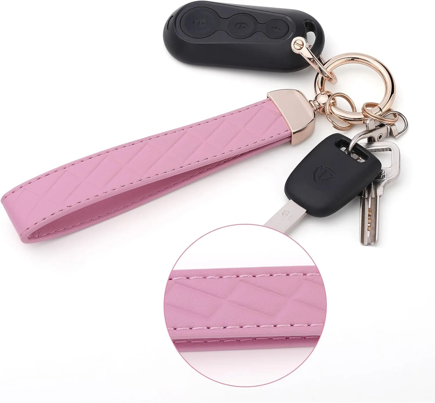 Leather Wristlet Keychain for Women, Keychain Wristlet Car Key Chain with 2 Key Ring and Anti-Lost D Ring