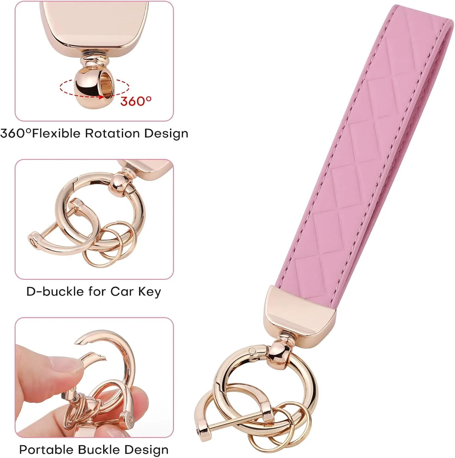 Leather Wristlet Keychain for Women, Keychain Wristlet Car Key Chain with 2 Key Ring and Anti-Lost D Ring