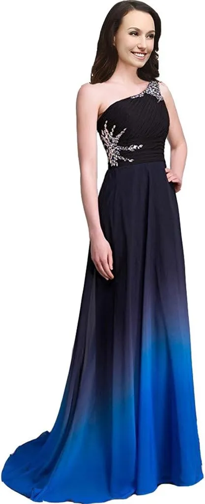 Lemai Long A Line Beaded Gradient Ombre Chiffon Formal Prom Evening Dresses