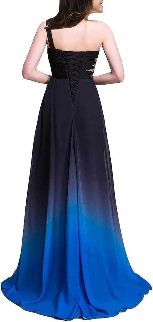 Lemai Long A Line Beaded Gradient Ombre Chiffon Formal Prom Evening Dresses