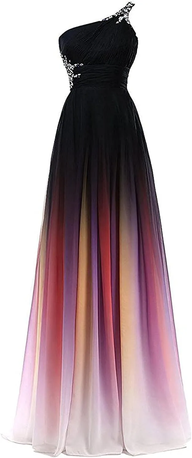 Lemai Long A Line Beaded Gradient Ombre Chiffon Formal Prom Evening Dresses