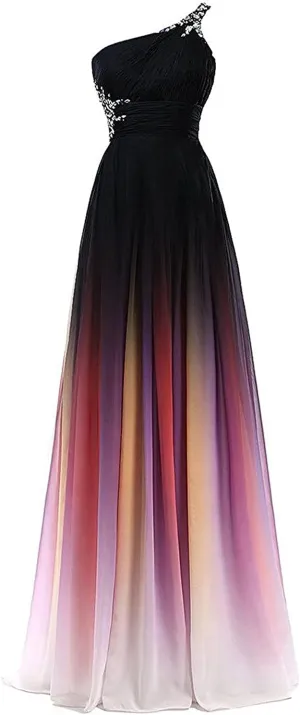 Lemai Long A Line Beaded Gradient Ombre Chiffon Formal Prom Evening Dresses