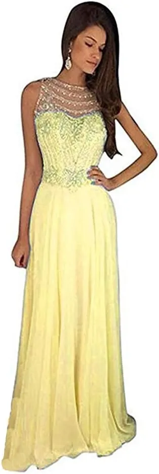 Lemai Sheer Back Beaded Long A Line Chiffon Prom Dresses Evening Formal Gowns