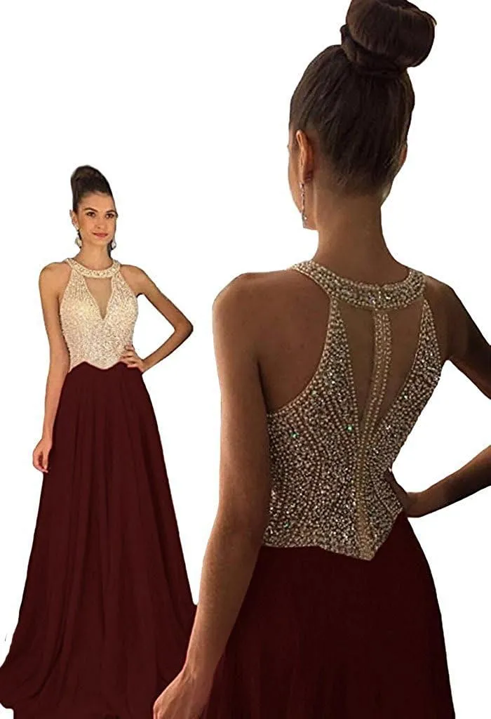 Lemai Sheer Beaded Pearls Halter Sleeveless Long Chiffon Prom Dress Evening Gowns