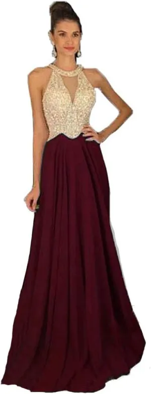 Lemai Sheer Beaded Pearls Halter Sleeveless Long Chiffon Prom Dress Evening Gowns