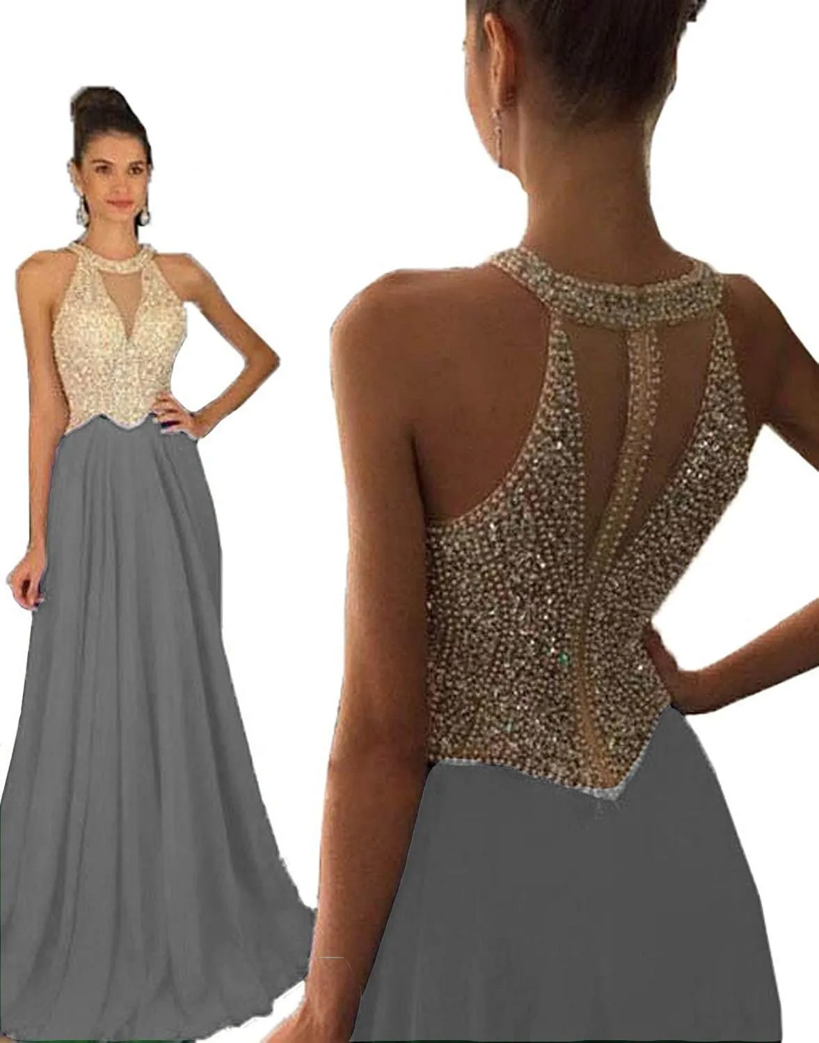 Lemai Sheer Beaded Pearls Halter Sleeveless Long Chiffon Prom Dress Evening Gowns