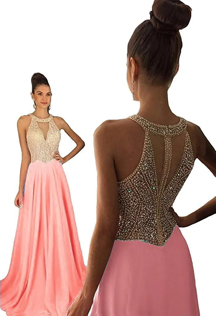 Lemai Sheer Beaded Pearls Halter Sleeveless Long Chiffon Prom Dress Evening Gowns
