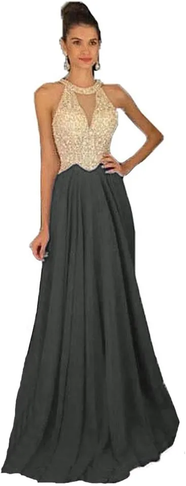 Lemai Sheer Beaded Pearls Halter Sleeveless Long Chiffon Prom Dress Evening Gowns